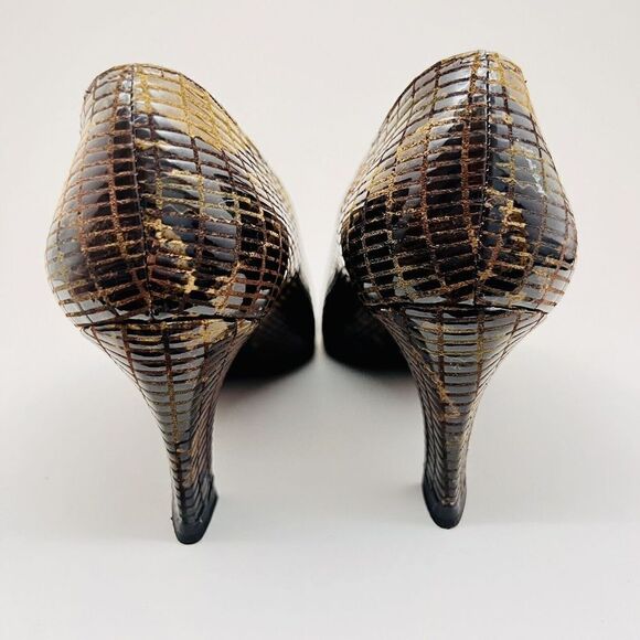 STUART WEITZMAN for Neiman Marcus Sz 8 Snakeskin Pumps Heels Stiletto Brown Gold - Picture 9 of 12